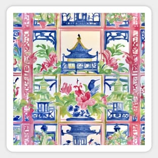 Preppy trellis chinoiserie pagodas, flowers and birds Sticker